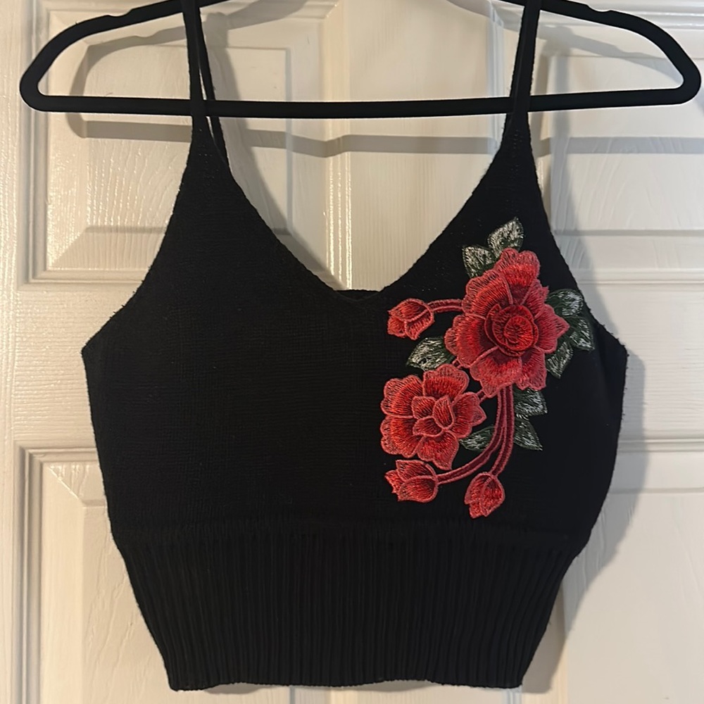 Black Knit crop top with red rose detail